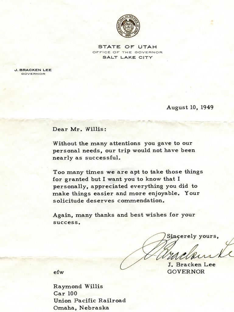 Letter from Utah Governor J. Bracken Lee appreciating Mr. Willis
